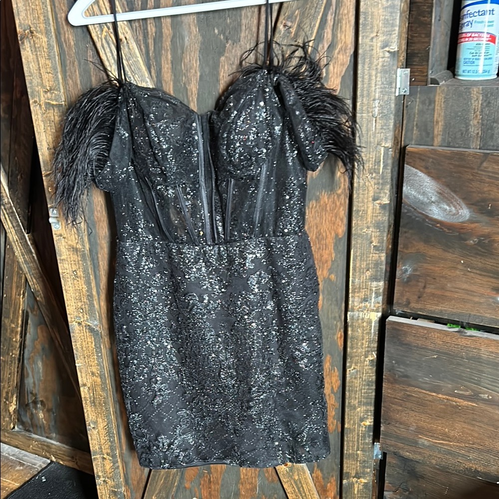 Black Sequin Feather Dress